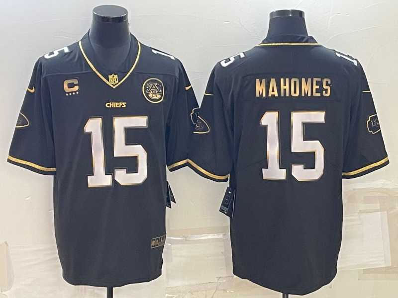 Mens Kansas City Chiefs #15 Patrick Mahomes Black Gold 4-star C Patch Vapor Untouchable Limited Stitched Jersey